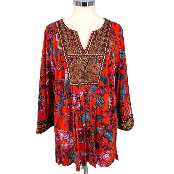 Soft Surroundings Embroidered Sequin Tunic Top Red Orange Floral Size Large - Picture 1 of 12